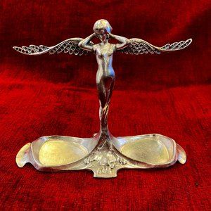 Vintage Pewter Art Nouveau Angel in Waiting Jewelry Earring & Ring Holder